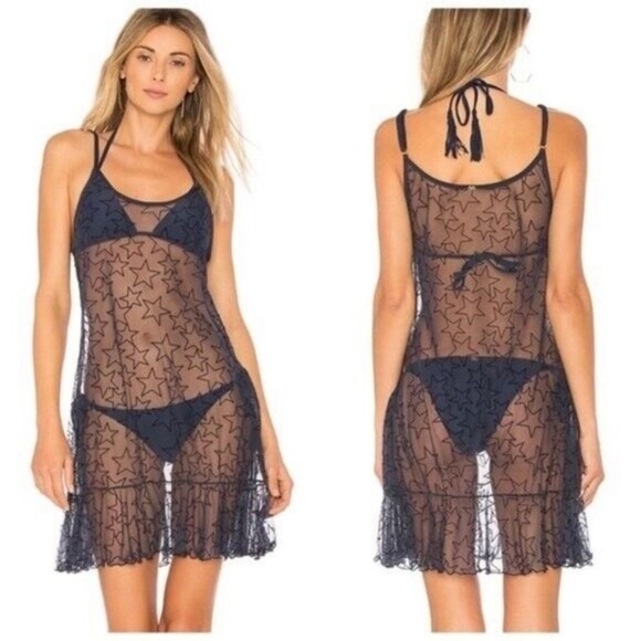 PilyQ Starlight Starry Mesh Sheer Blue Dress/Swim Cover-Up XS/S - Picture 2 of 8